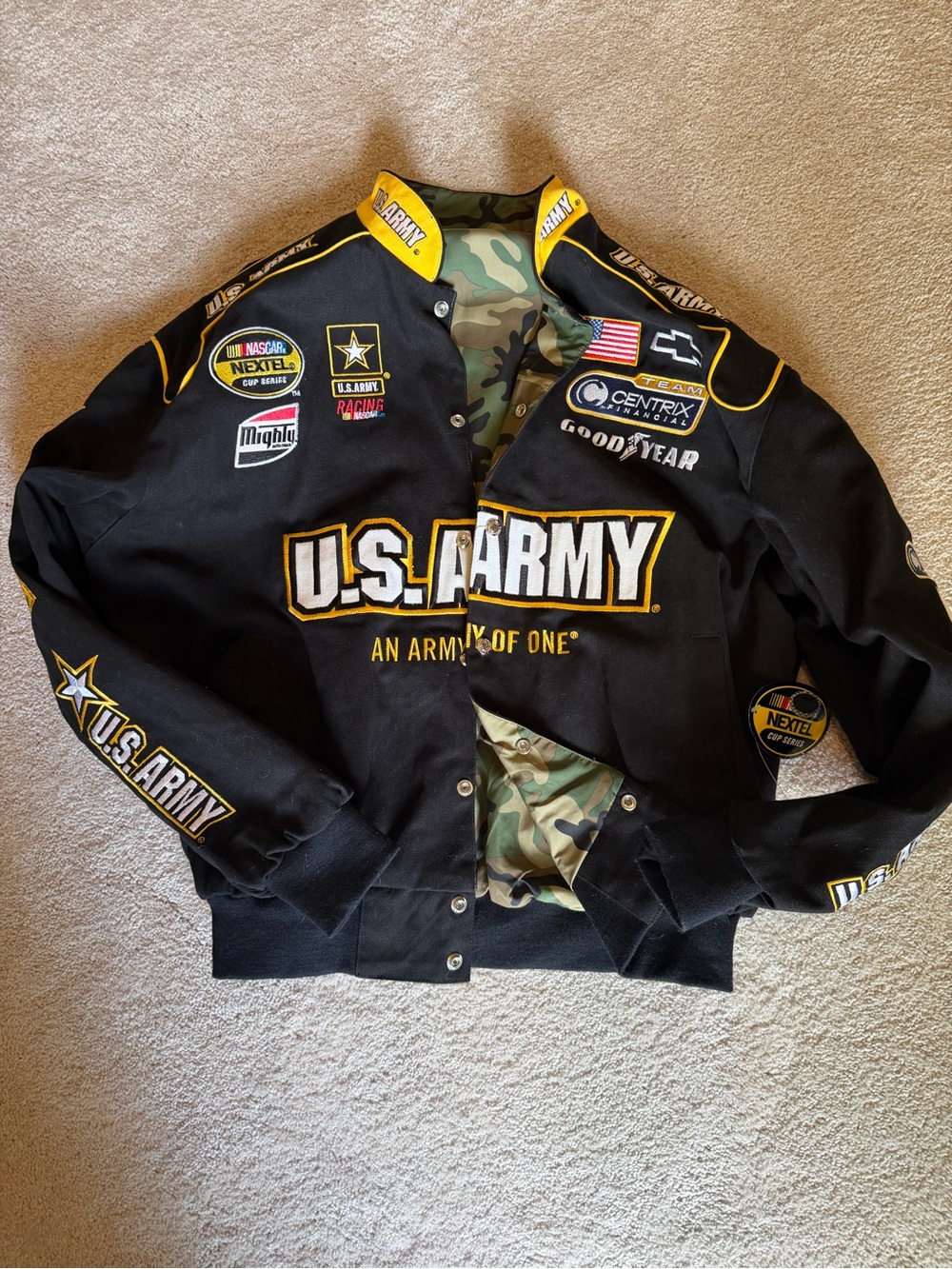 U.S. Army Black & Yellow Patchwork Bomber Jacket signed Mark Martin